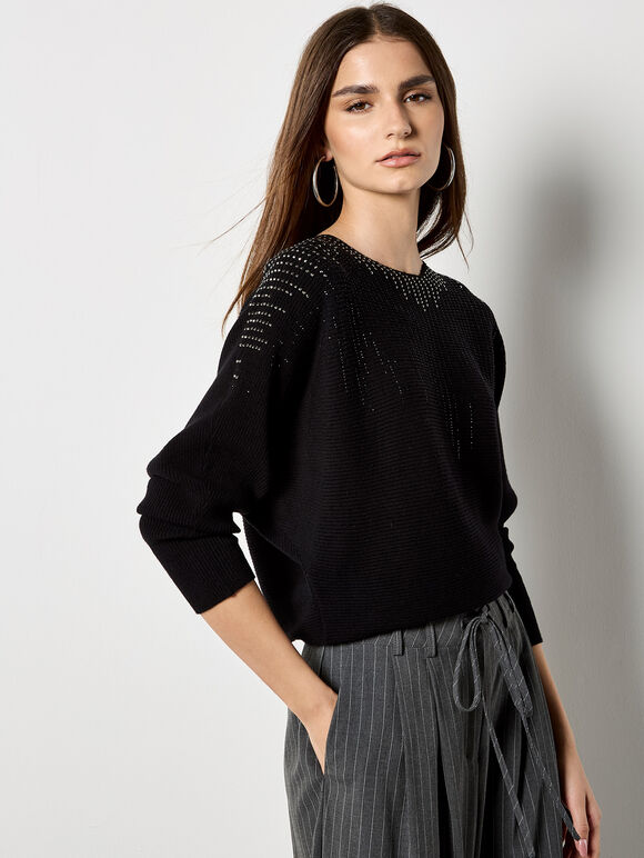 Rhinestone Embellished Batwing Jumper, Black, large