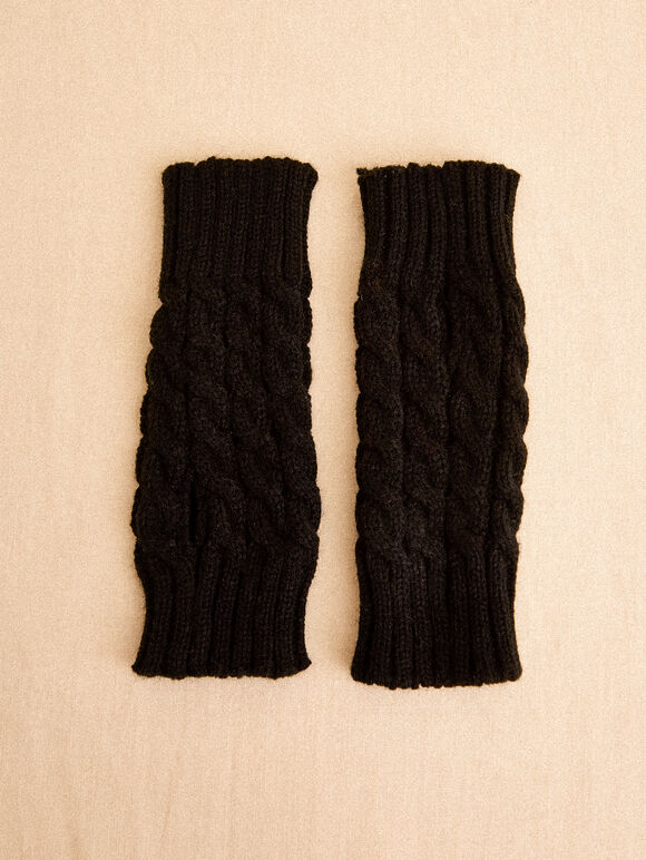 Cable Knit Handwarmers, Black, large