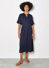 Pleated Shirt Midi Dress, Navy, large