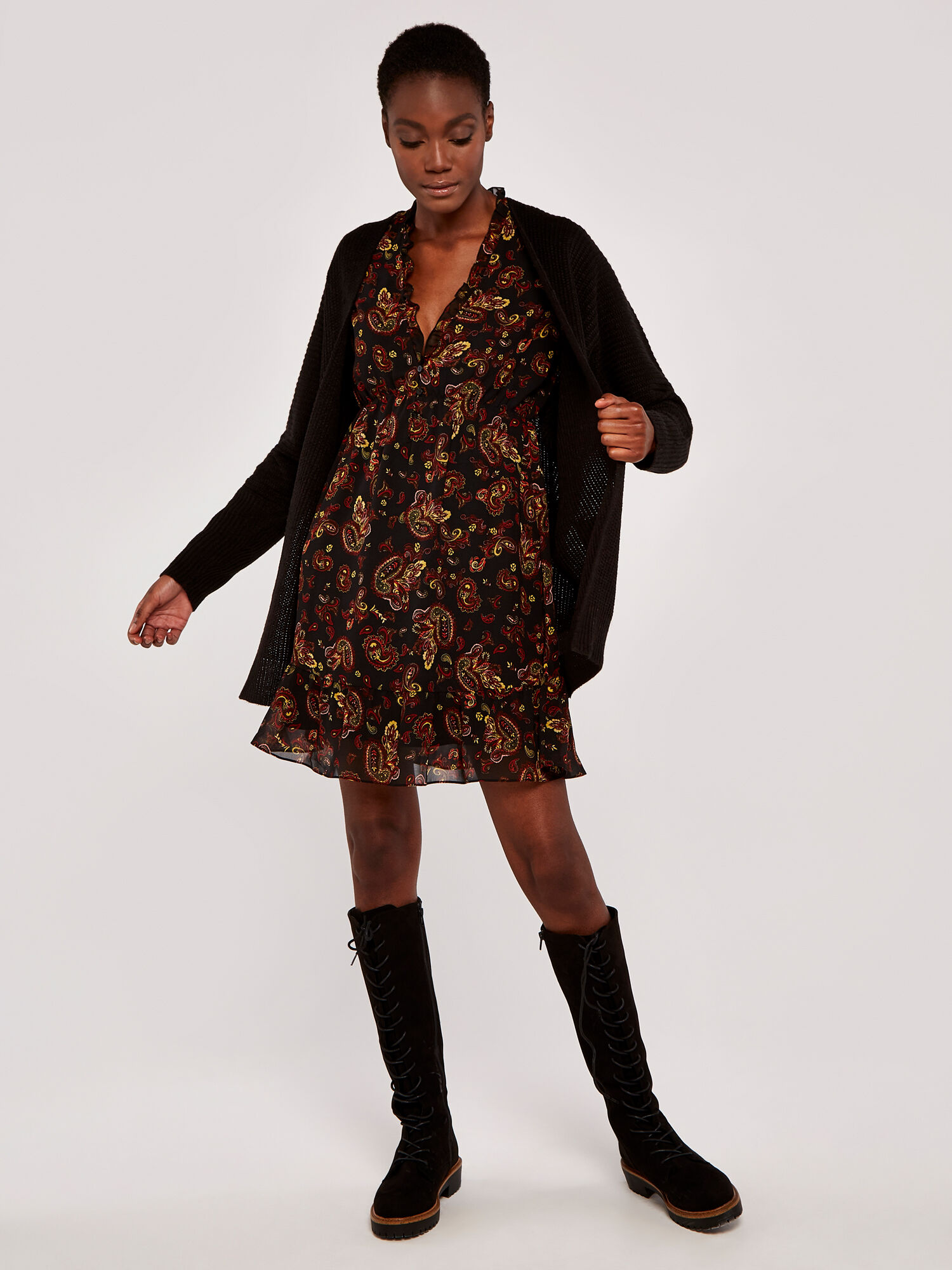 Paisley Long Sleeve Ruffle Dress Apricot Clothing