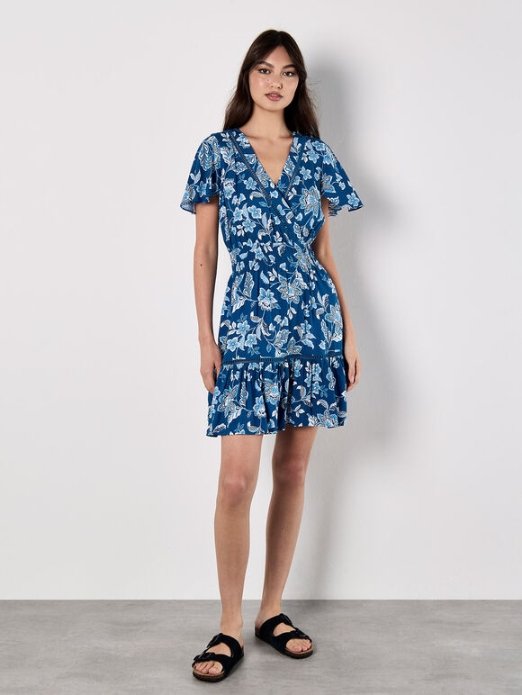 Sarasa Floral Wrap Mini Dress, Blue, large