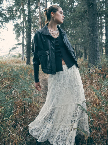 Floral Lace Tiered Midi Skirt