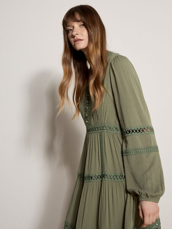 Lace Trim Tiered Midi Dress, Khaki, large