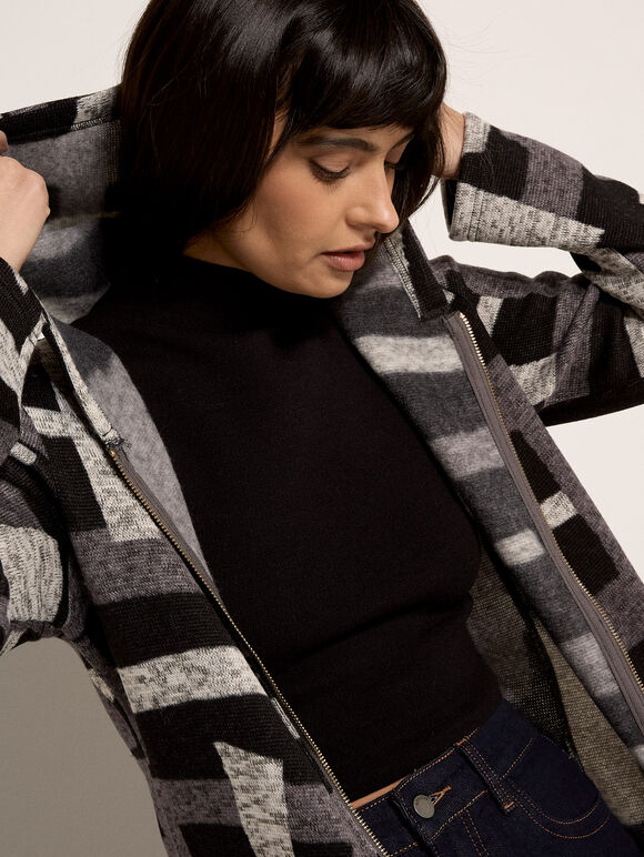 Geometric Knitted Zip-Down Cardigan, Dark Grey - Charcoal, large