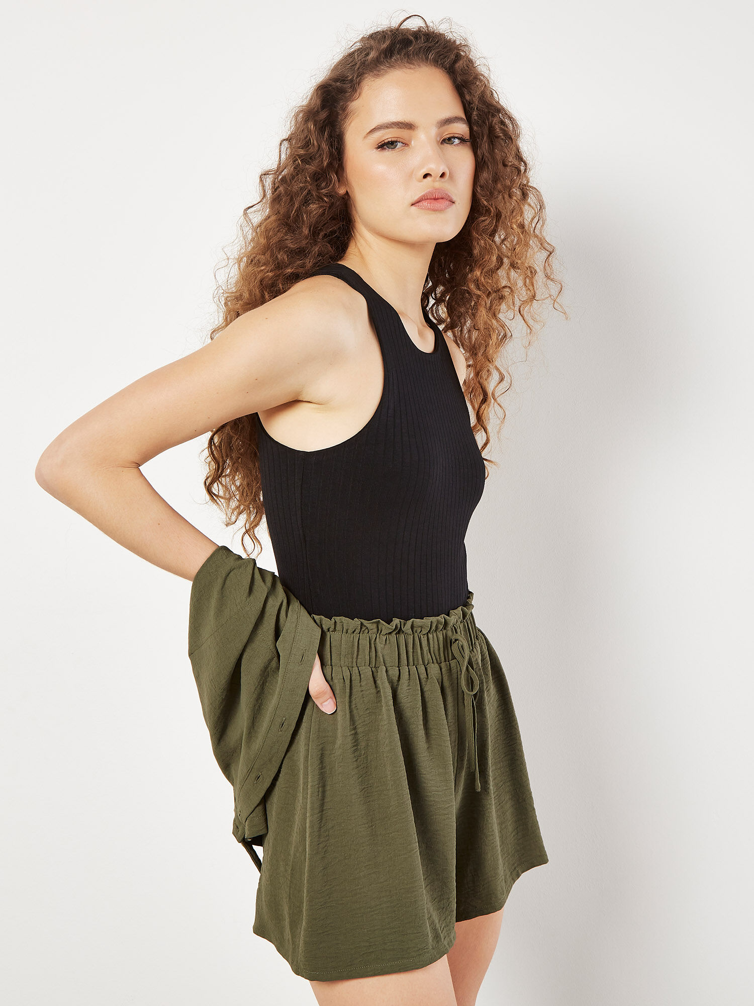 Textured Paperbag Shorts Apricot Clothing