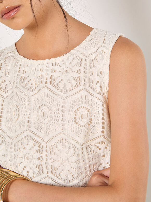 Crochet Lace Tile Shell Top, White, large