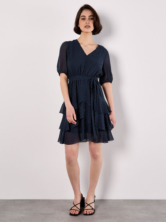 Rhinestone Sparkle Chiffon Mini Dress, Navy, large