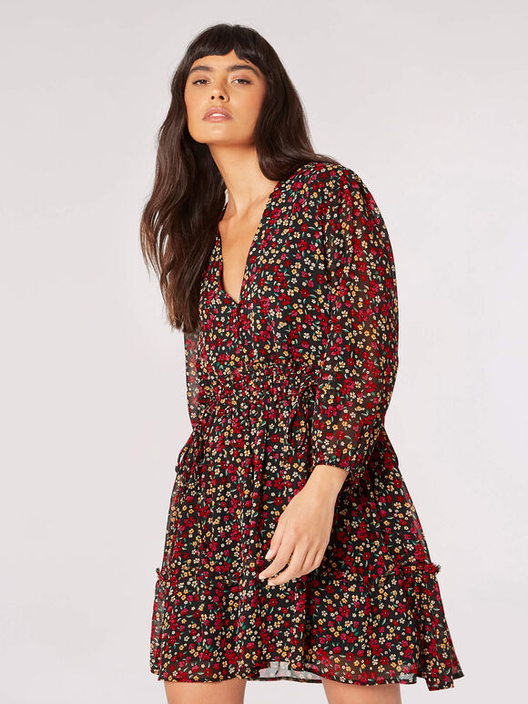 Ditsy Floral Ruched Mini Dress, Black, large
