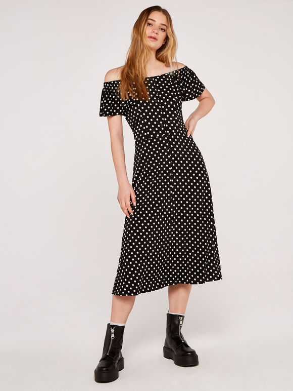 Spot Bardot Midi Dress, Black, large