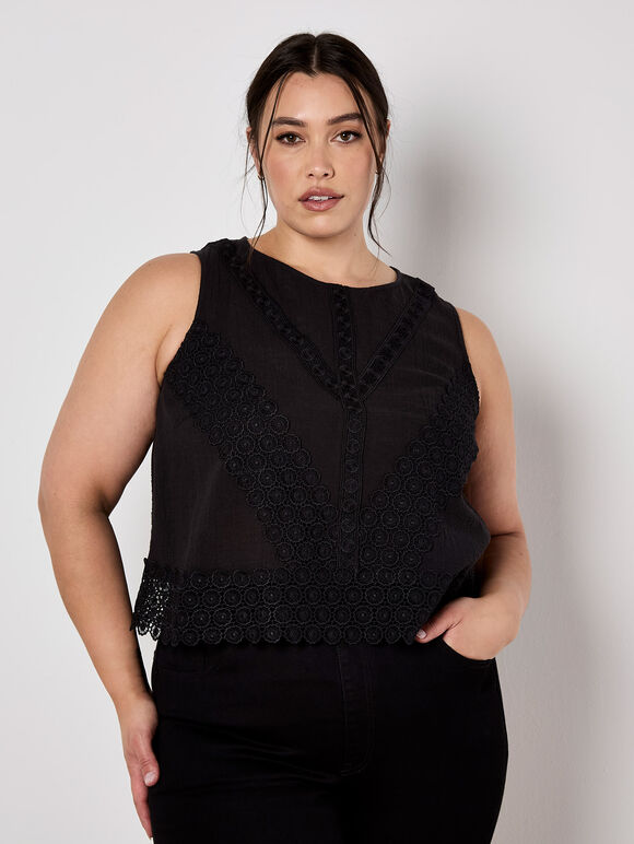Cotton Lace Bow Top, Black, large