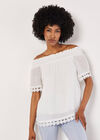 Crochet Lace Trim Bardot Top, Cream, large