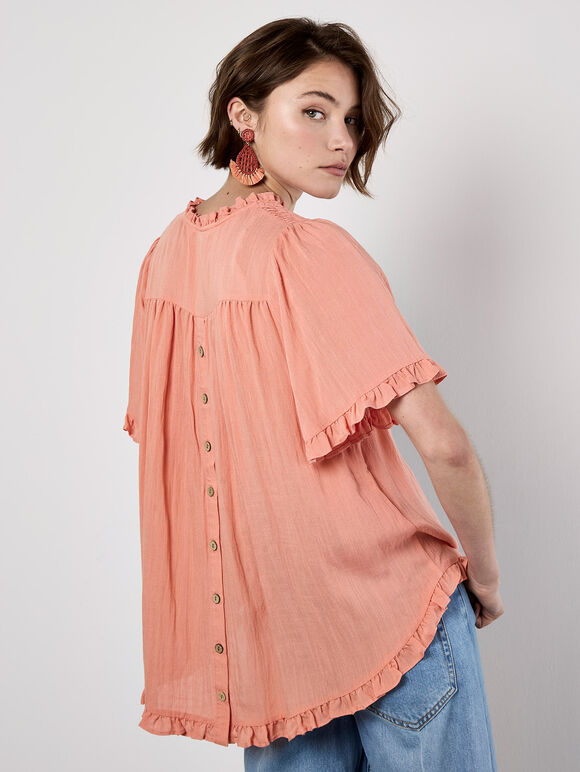 Smocked Ruffle Top, Coral, large