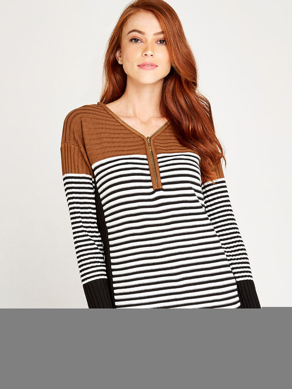 Zip Stripe Curve Jumper, Rust, large