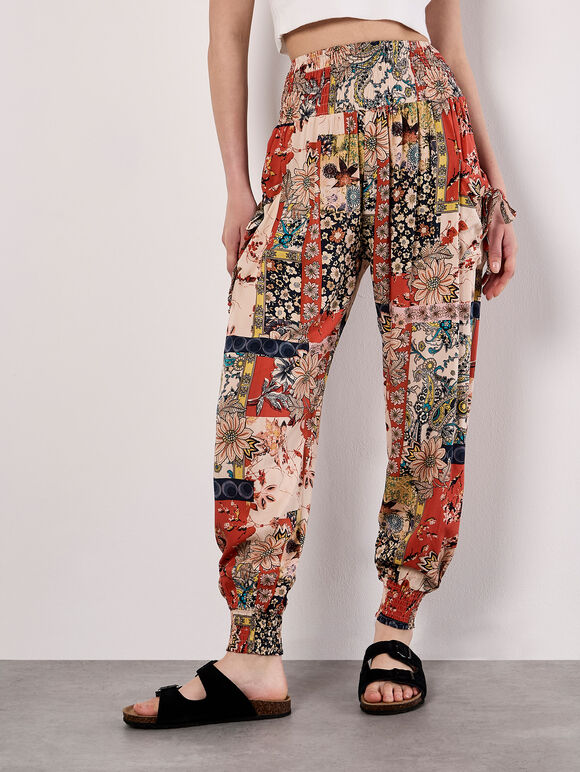 Patchwork Floral Woven Joggers, Orange, large