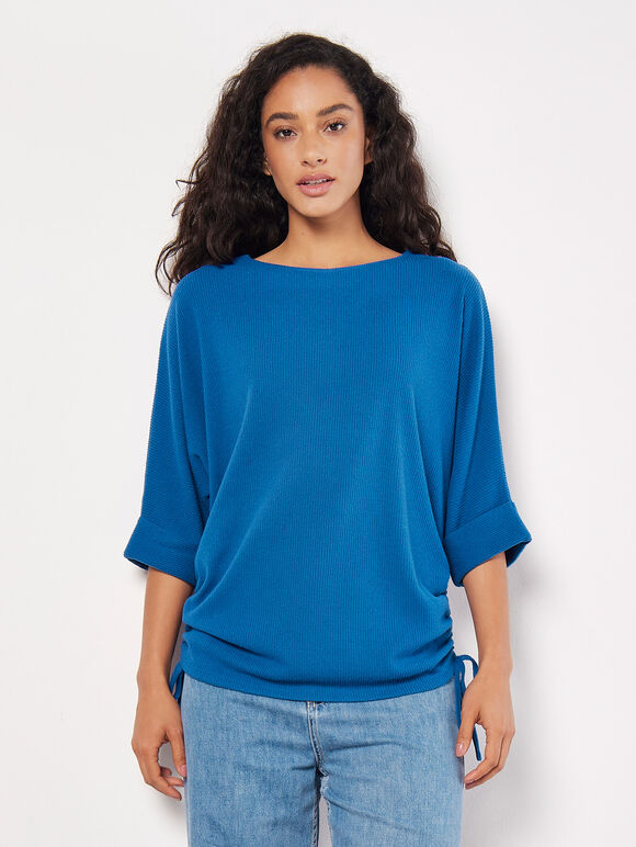 Soft Touch Drawstring Batwing Top, Blue, large