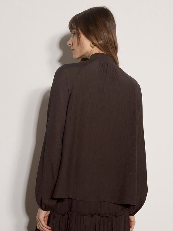 Crinkle Textured Bow Neck Blouse, Brown, large