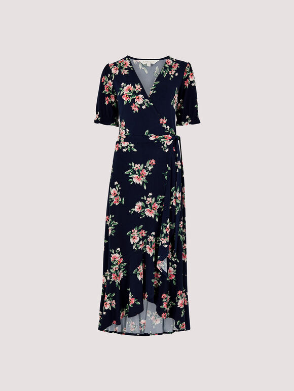 Floral Wrap Midi Dress, Navy, large