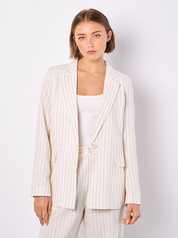 Pinstripe Linen Blend Blazer, Stone, large