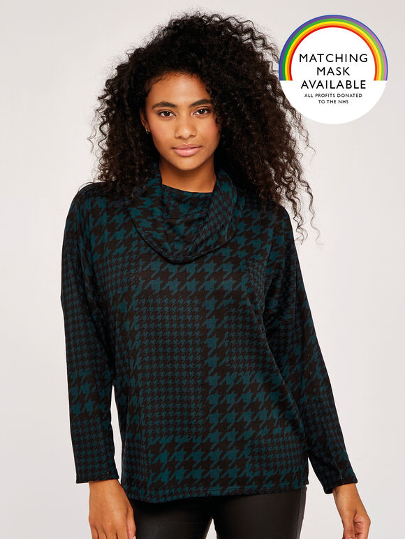 Patchwork Dogtooth Cowl Neck Top, Green, large