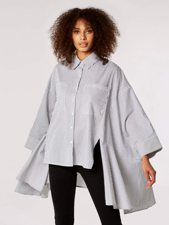 Oversized Striped Cotton Shirt, White, large