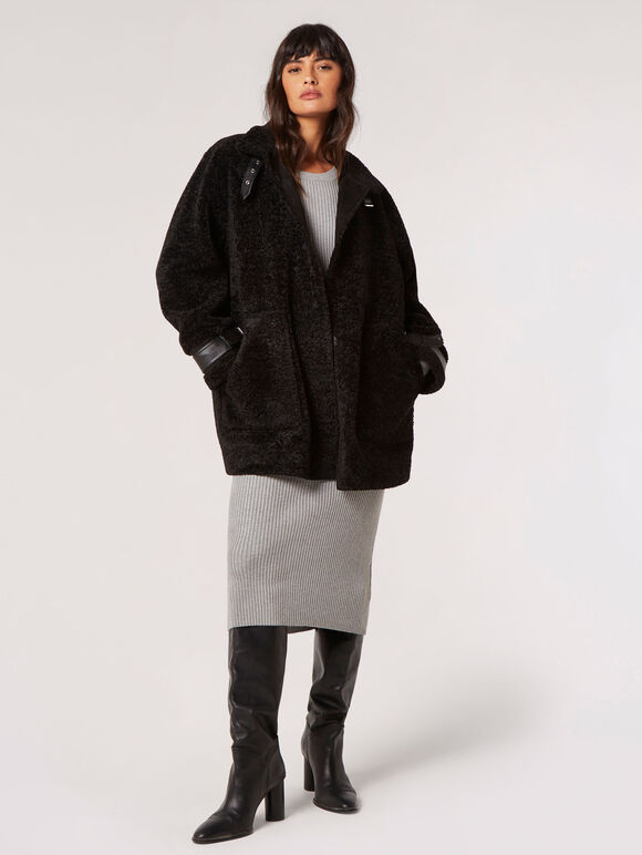 Tight Knit Borg Oversized Coat, Black, large