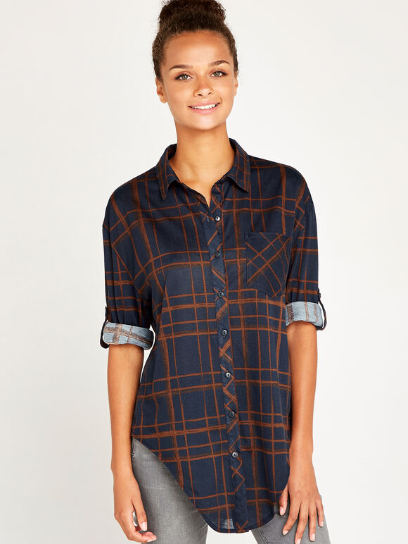 Navy Check Drop Shoulder Shirt, Navy, large