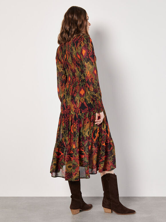 Ikat Chiffon Smocked Midi Dress, Khaki, large