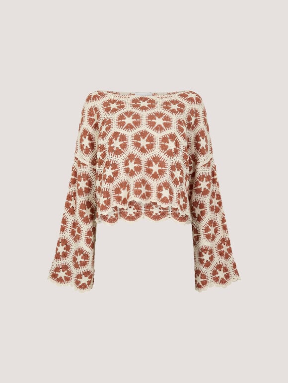 Bell Sleeve Cotton Crochet Top, Coral, large