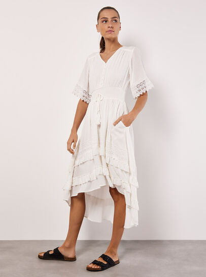 Dobby Ruffle Tiered Midi Dress