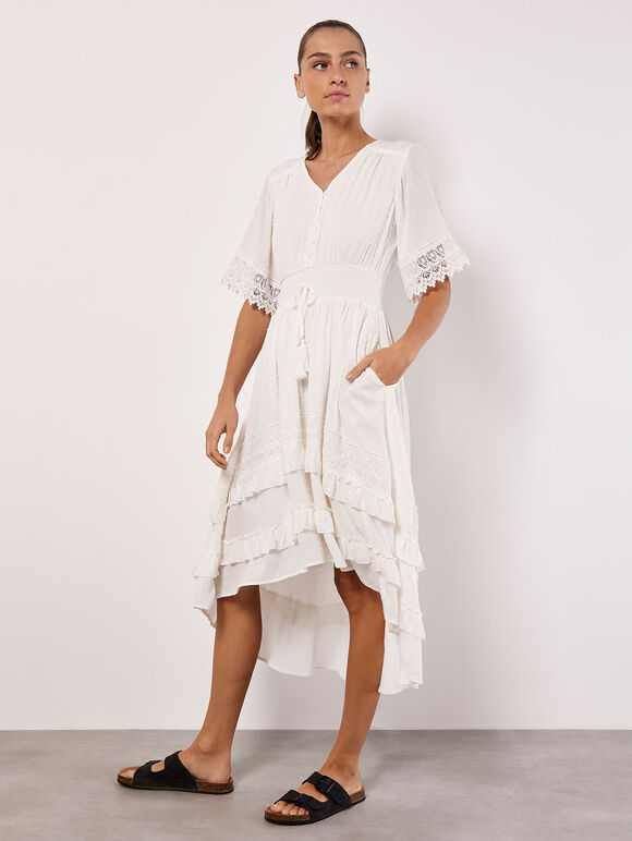 Dobby Ruffle Tiered Mini Dress, Cream, large