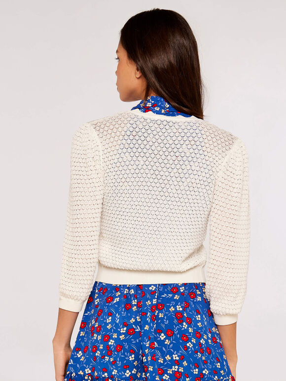 Knitted Scallop Crop Cardigan, Cream, large