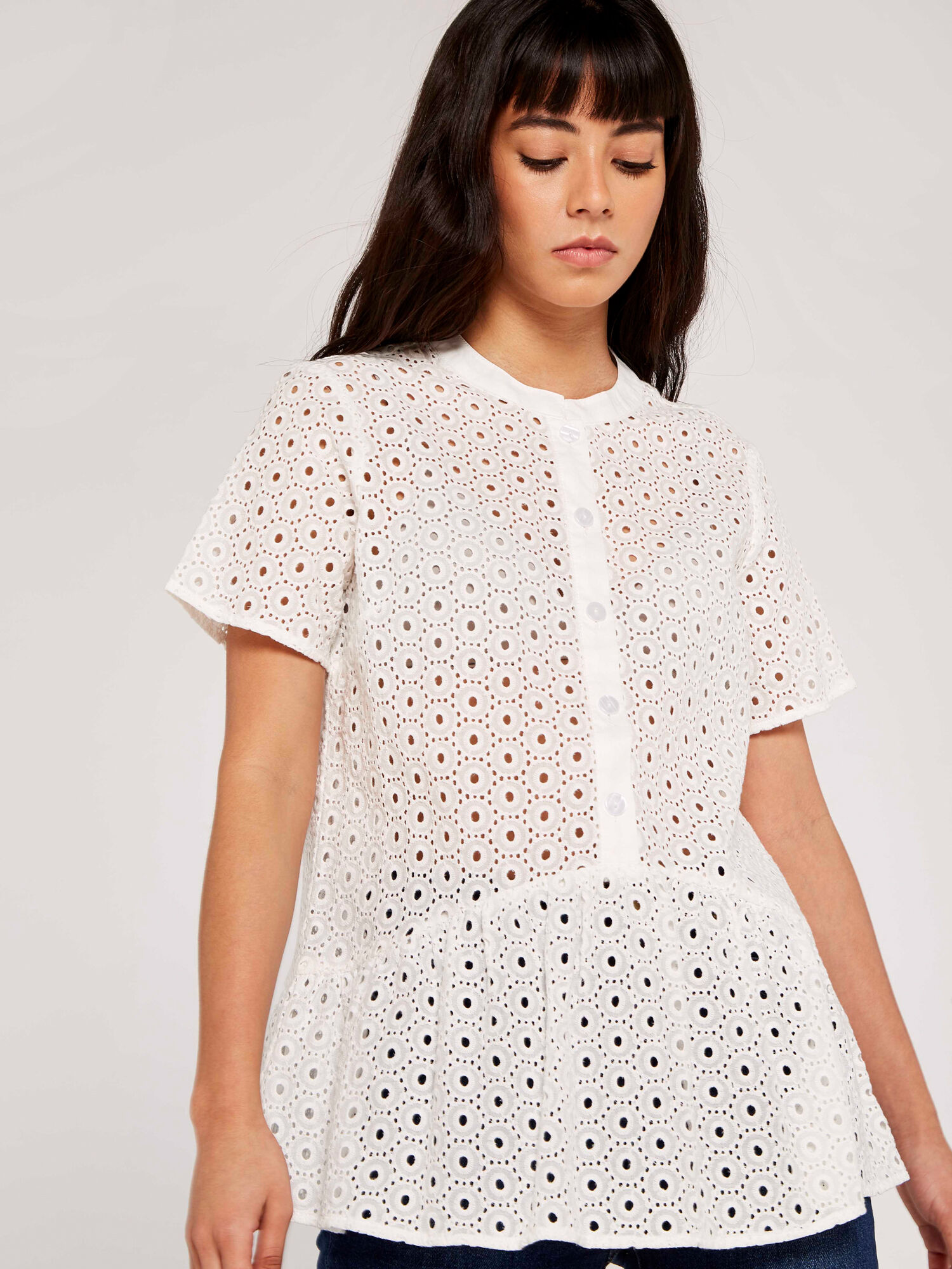 Broderie Peplum Top Apricot Clothing