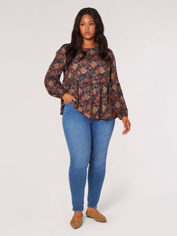 Curve Sarasa Floral Ruffle Top, Navy, large