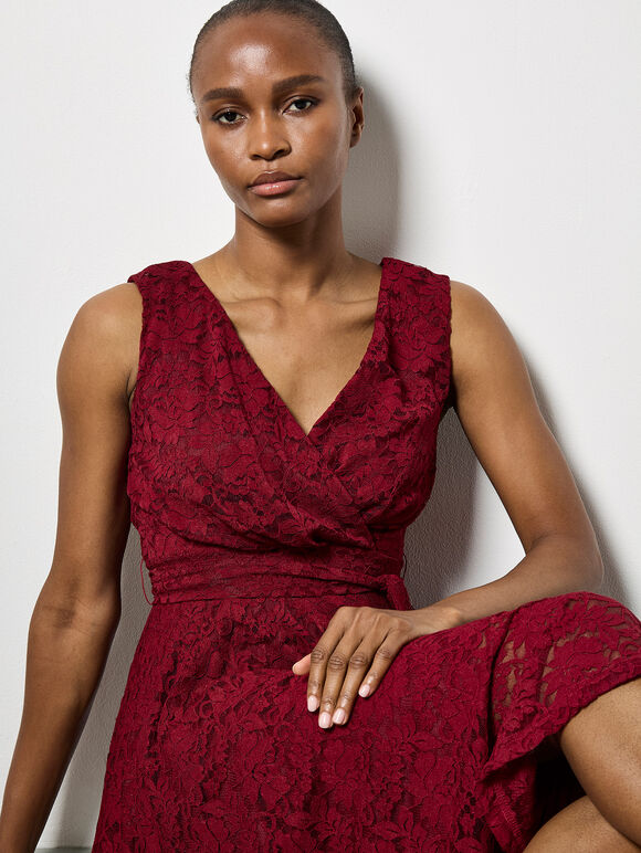 Floral Lace Fit And Flare Mini Dress, Burgundy, large