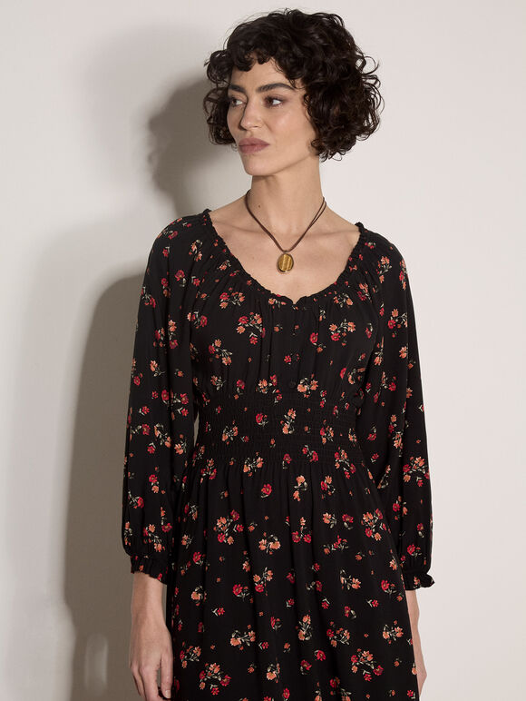 Floral Midi Dress, Black, large