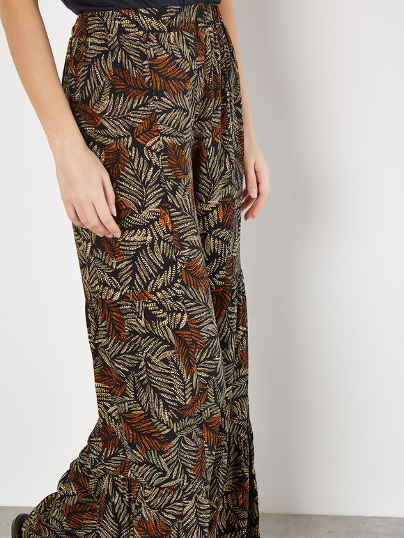 Batik Leaves Tiered Wide-Leg Trousers, Black, large