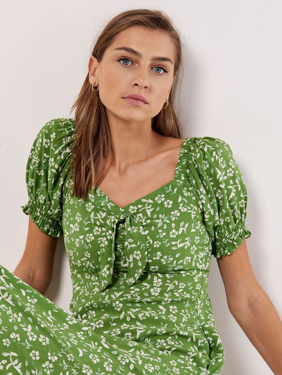 Sarasa Floral Bow Midi Dress, Green, large
