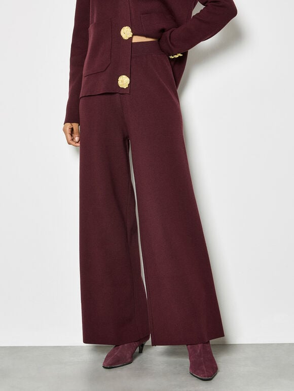 Soft Knit Wide Leg Trousers, Burgundy, large