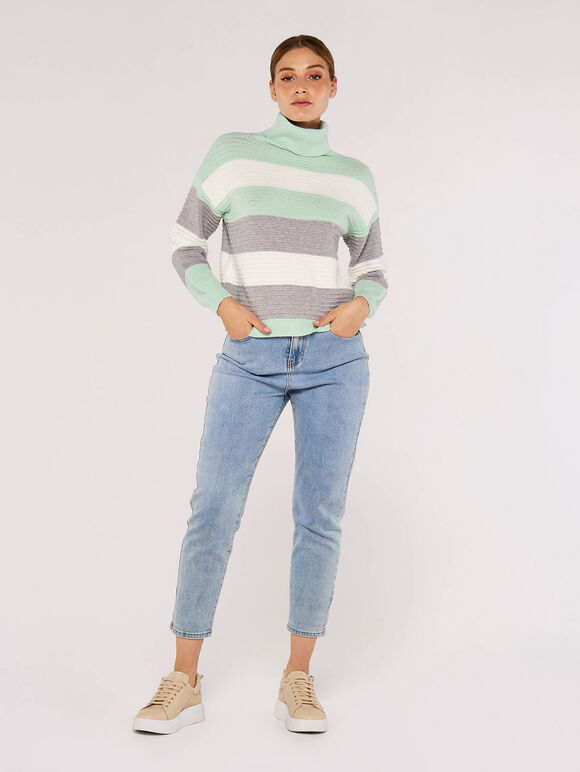 Ribbed Colour Block Stripe Jumper, Mint, large