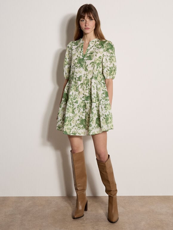 Floral Print Cotton Mini Dress, Green, large