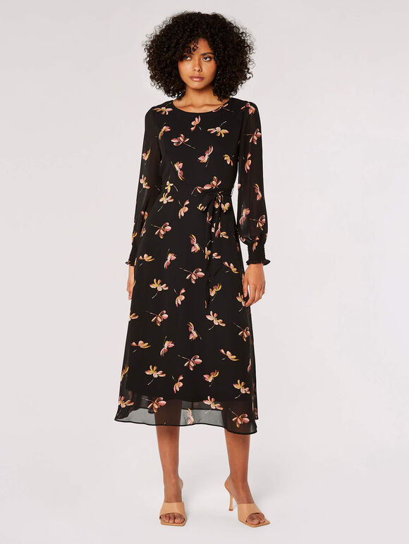 Floral Midi Dress, Black, large
