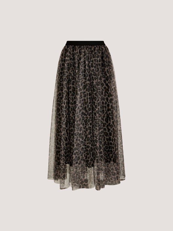 Leopard Tulle Skirt, Brown, large
