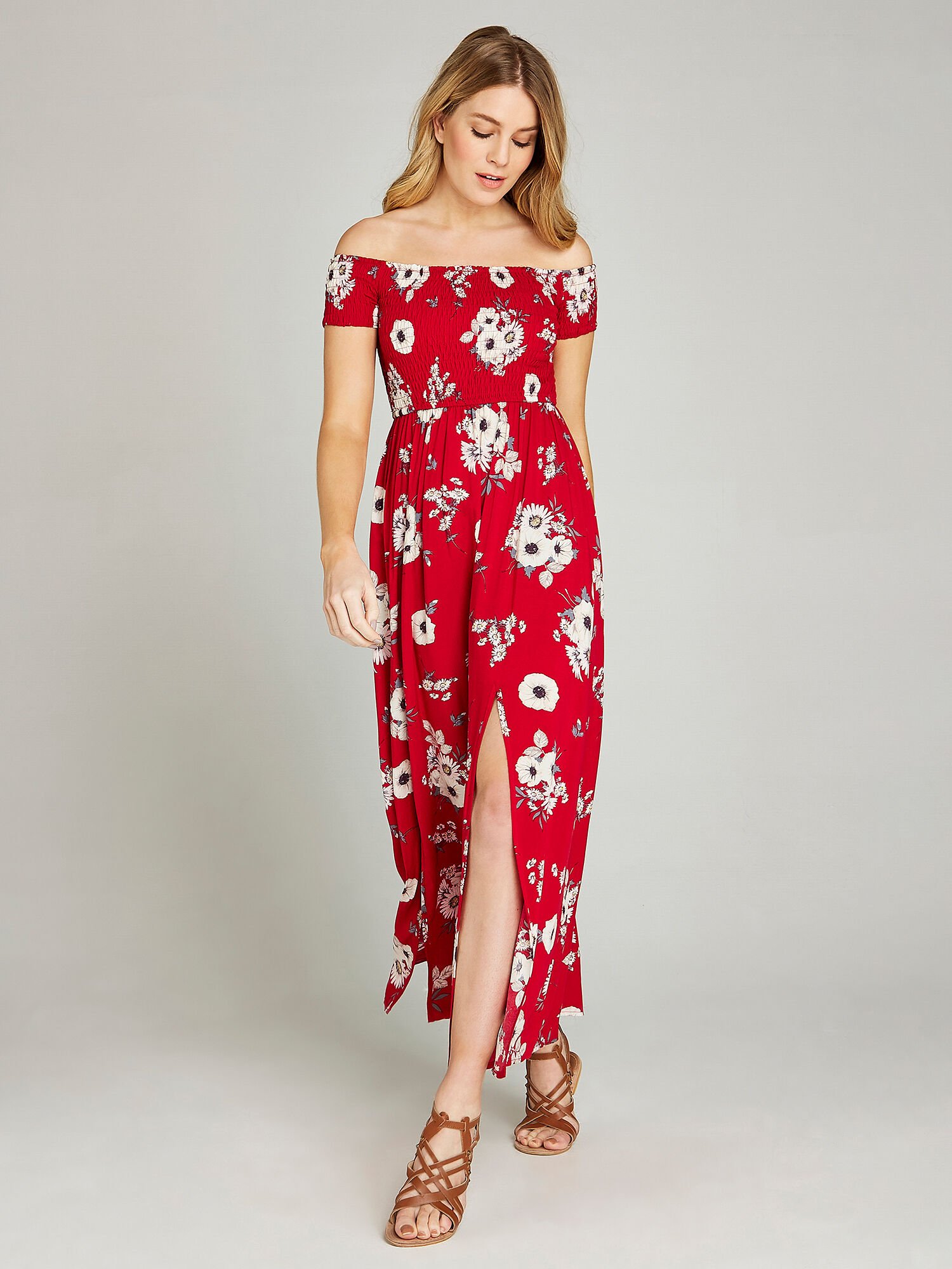 Poppy Daisy Floral Bardot Maxi Dress Apricot Clothing