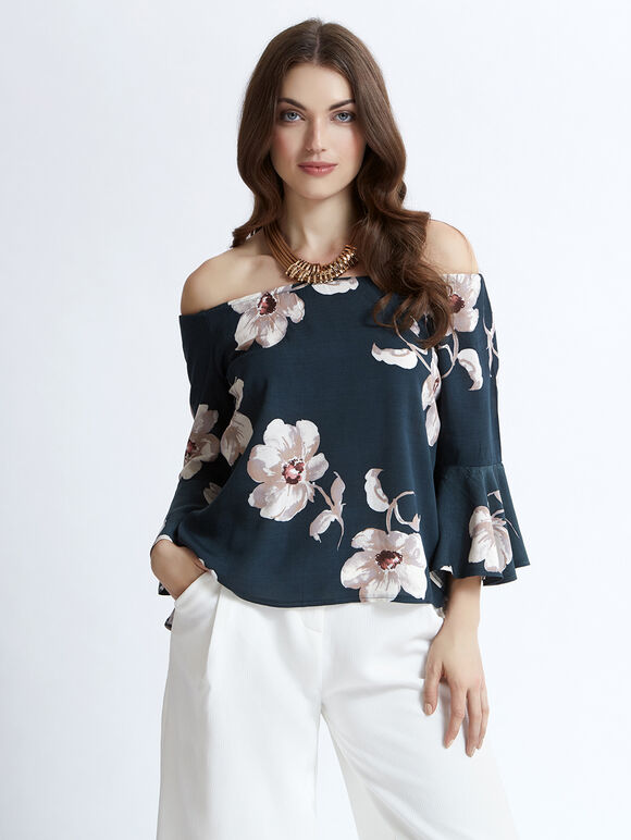 Floral Print Bardot Top, Green, large