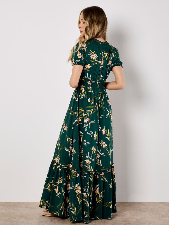 Watercolour Floral Smocked Maxi Dress, Green, large