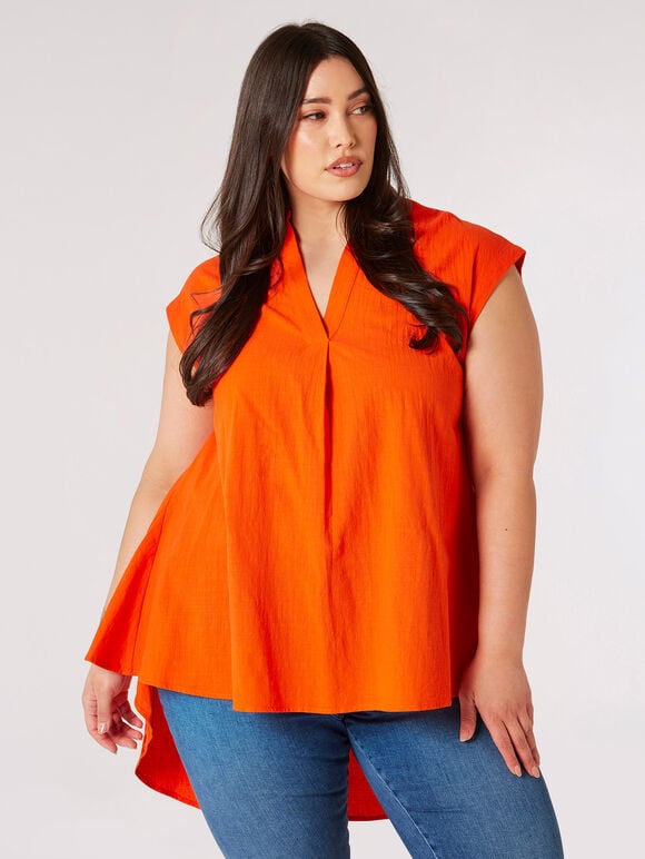 Curve Textured Cotton High-Low Hem Top, Orange, large
