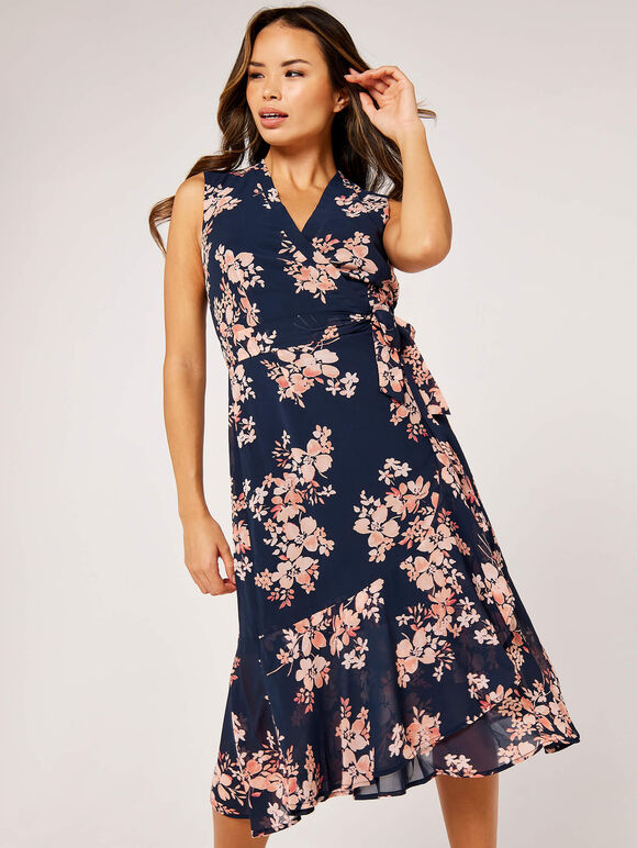Graphic Floral Wrap Dress, Navy, large