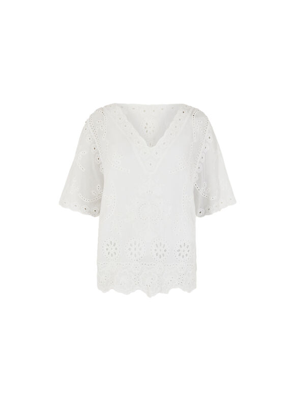 Embroidered Cotton Top, White, large