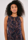 Paisley V Neck Ruffle Trim Dress, Navy, large