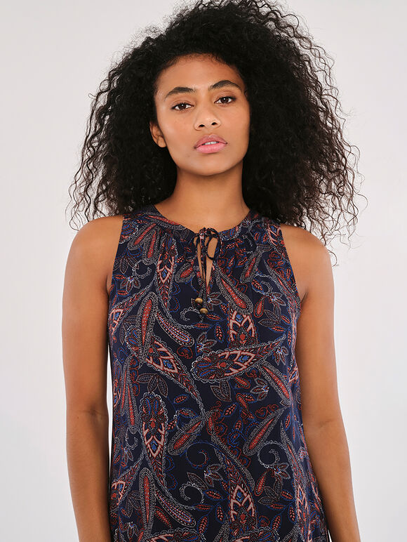 Paisley V Neck Ruffle Trim Dress, Navy, large